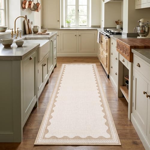 Garvee Washable Hallway Runner Rug 2x6 Runner Rug Non Slip Bordered Wave Print Entryway Rugs Foldable Non-Shedding Carpet Low Pile Stain-Resistant Indoor Soft Rugs for Laundry Kitchen Bathroom Beige - color: Border Beige, size: 2' x 6' (Rectangular)