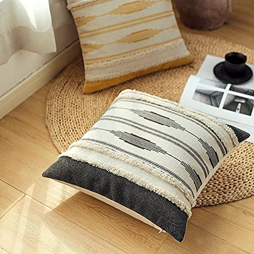 MOCOFO 16" Cream White Grey Woven Tufted Tassel Cushion Cover Fringe Pillow Sofa Couch Throw Bohemian Embroidered Cover ONLY (Gray 18‘’)
