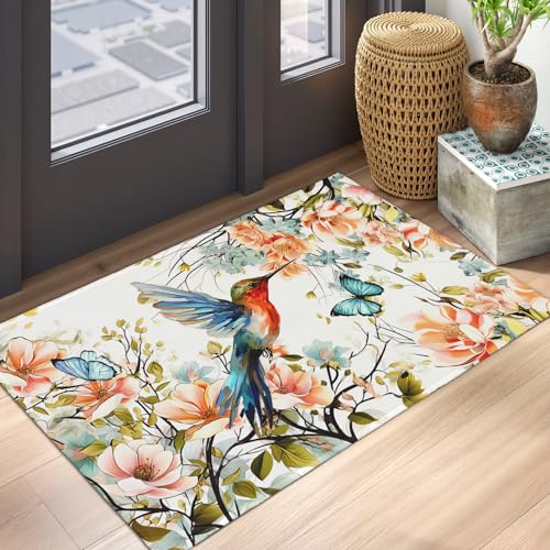 Spring Flowers Bird Area Rug 2x3 Summer Floral Hummingbird Butterfly Entry Rug Small Non-Slip Low Pile Porch Front Door Throw Rugs Entryway Carpet for Living Room Bedroom Holiday Decor - color: Flowers Hummingbird