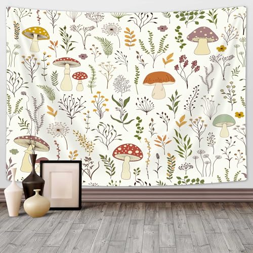 DYNH Mushroom Tapestry, Boho Floral Botanical Green Leaves Wall Hanging,Retro Flowers Country Farm Aesthetic Cottagecore Tapestries for Bedroom Living Room Dorm TV Backdrop,40x30In - color: Beige, size: 40"L x 30"W