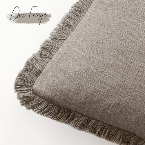 Foindtower Set of 2 Decorative Linen Fringe Throw Pillow Covers Boho Farmhouse Cushion Cover with Tassels Accent Pillowcase for Couch Chair Sofa Bed Living Room Home Decor,16×16 Inch,Dune - color: Dune, size: 16" x 16" (Pack of 2)