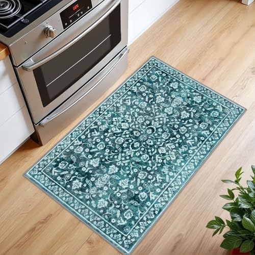 Vintage Entryway Rug Indoor, Teal Washable Rug 2x3, Small Area Rug with Non-Slip Backing, Floral Print Thin Faux Wool Super Soft Door Mat for Kitchen, Entrance, Bedroom, Office - color: Vintage Teal, size: 2' x 3' (Rectangular)