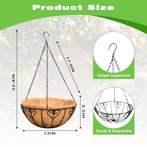 2 Pack 12 Inch Black Metal Hanging Basket Hanging Planter with Coco Coir Liner Heavy Duty Hanging Flower Pot Holder for Indoor Outdoor Patio Garden Porch Balcony Decor (Heart-Shaped) - color: Heart-shaped
