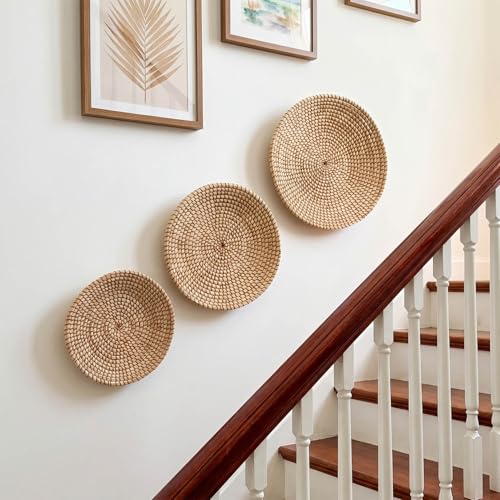 Laquedecraft Boho Wicker Rattan Plate Basket Set For Décor Hanging Wall | Large Woven Farmhouse Rustic Bohemian Art Baket Hangings For Decorative Home, Bedroom, Living Room, Kitchen, Bathroom (Classic, Natural, Set of 3) - size: Set of 3, style: Classic