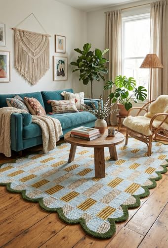 Hand Tufted Wool Rug with Scalloped Edges, Light Blue Plaid Pattern, Soft Area Rug for Living Room, Bedroom, and Nursery, Handmade Modern Accent Rug, Meadow Sky, 2'6"x8' - size: 2'6" x 8' (Runner)