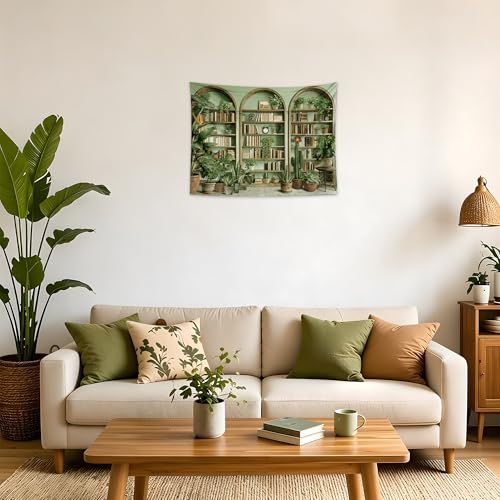 QGHOT Sage Green Vintage Tapestry Botanical Bookshelf Tapestry Wall Hanging Fake Potted Office Zoom Video Backdrop for Study Room Bedroom Living Room Decor, 37.4" x 28.7" - color: Z, size: 28.7"L x 37.4"W