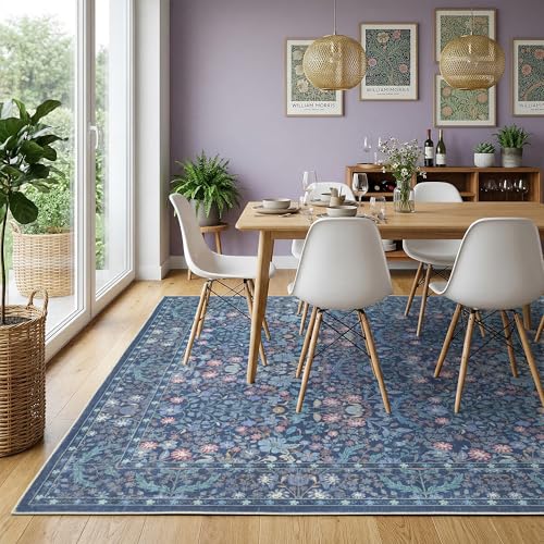 Blue Floral Living Room Rug 5x7 Area Rug - Vintage Forest Washable Rug for Dining Room, Bedroom, Ultra Soft Low Pile Non Slip Stain Resistance Distressed Boho Farmhouse Flower Carpet - color: Blue, size: 5' x 7' (Rectangular)