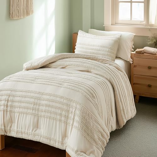 BEDELITE Boho Twin/Twin XL Comforter Set，Beige Tufted Striped Bed Set 2 Pieces, Soft Vintage Farmhouse Comforter for College, Boho Home Dorm Decor, Fluffy Jacquard Bedding with 1 Pillow Sham - color: Beige, size: Twin/Twin XL