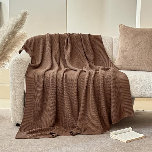 Simple&Opulence 100% Cotton Throw Blanket, Solid Color Cable Knitted Blanket Super Soft Comfortable Breathable Decorative Farmhouse for Couch Sofa Bed, All Season Use(Coffee,50x60) - color: Coffee, size: Throw 50x60"