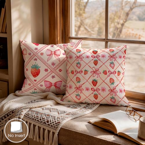 OBSEDE Pink Bow Strawberry Throw Pillow Covers 18 × 18 in, Set of 4, Couch Cushion Cases Inserts for Sofa Bed Living Room Home Decor, Single Side Print - color: Blush Ribbon Berry Illustration, size: 18" x 18" (Pack of 4)