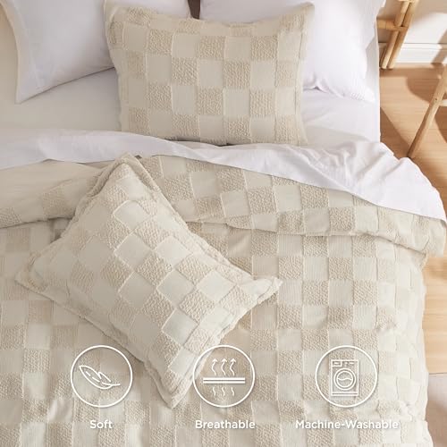 Bedsure Boho Kids Duvet Cover Queen Size（Duvet Insert/Comforter not Included - Checkered Duvet Cover Queenfor All Seasons,Soft Distressed Vintage Boho Bedding (Beige, 90" x 90") - color: 03 - Beige - Checkered (No Comforter), size: Queen (90" X 90")