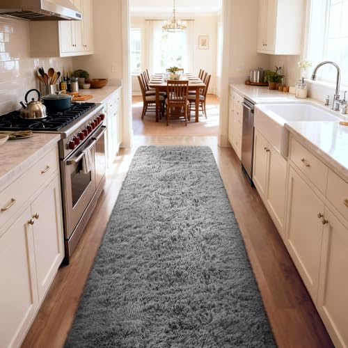 Ophanie 2x10 Runner Rug for Hallway,Upgrade Non-Slip Fluffy Soft Bedside Rugs,Bedroom Living Room Grey Shaggy Gray Carpet for Kids Girls Boys Dorm Nursery Decor Aesthetic with Over 99 pcs Pile fibers - color: 1- Grey, size: 2' x 10' (Rectangular)