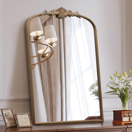 Besdomus Antique Gold Arched Mirror: 24"x36" French Large Brass Vintage Wall Vanity Mirror - Decorative Baroque Traditional Ornate for Entryway/Bathroom/Bedroom - Ideal for Bathroom Renovations - color: Brass Gold, size: 36"L x 24"W