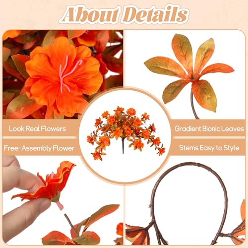 Fall Flowers Artificial for Decoration, Fake Silk Rhododendron Flowers for Outdoors, 2 Bundles Faux Azalea Outside UV Resistant No Fade Floral for Home Garden Balcony Walkway Wedding Party Decor - color: Y-orange