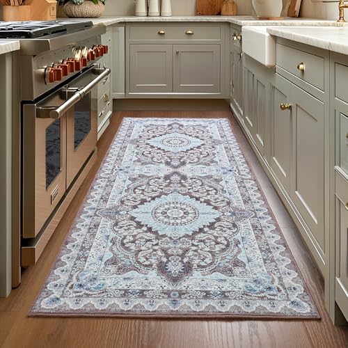 Foxmas Hallway Runner Rug, 2x6 Vintage Kitchen Runner Area Rugs Non Skid Washable, Low Pile Throw Rugs with Rubber Backing Carpet for Laundry Room Entryway Bedroom Home Decor, Brown - color: Brown/Blue, size: 2' X 6' (Runner)