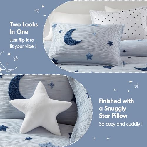Intelligent Design Kids Cosmos Full Size Comforter Set – Blue Star and Moon Tufted Chenille, Reversible 4-Piece Bedding with Star Pillow, Full/Queen - color: Blue, size: F/Q Comforter