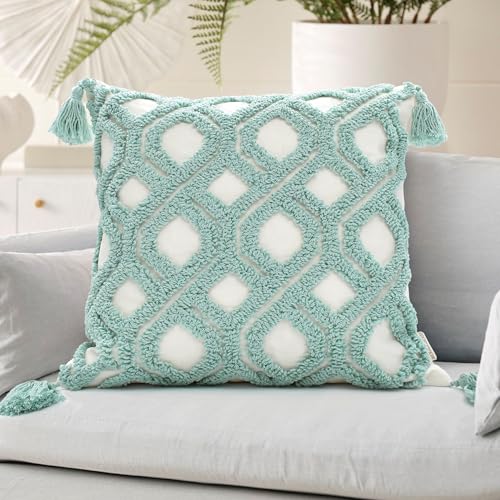 Boho Pillow Covers 18X18 Inch Boho Tufted Throw Pillow Covers Decorative Tassels Cushion Cover Farmhouse Pillow Case for Couch Sofa Bed Living Room Bedroom, Aqua Green - color: Boho Aqua, size: 18" x 18" (Pack of 1)