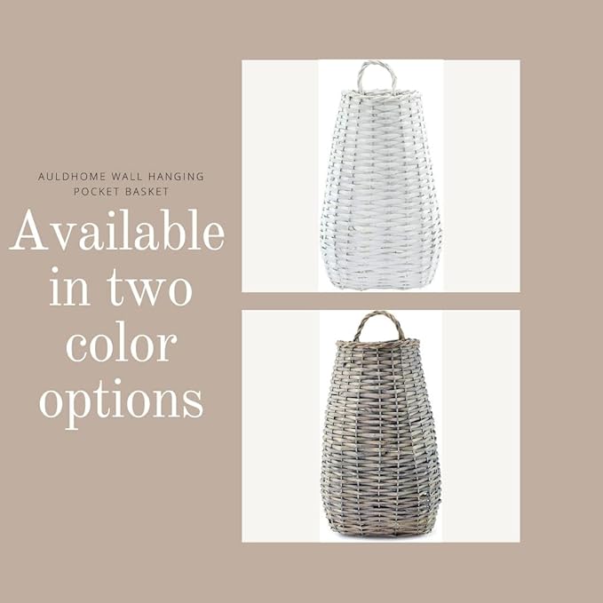 AuldHome Design Wall Hanging Baskets (Set of 2, Gray); Woven Wicker Rustic Farmhouse Gray Washed Door Baskets, Small and Medium Size