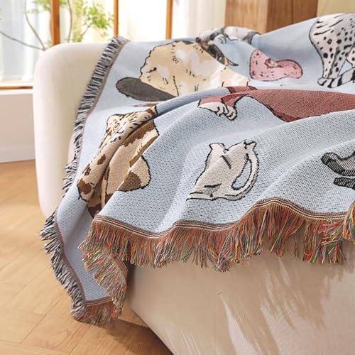 Cat Throw Blanket Boho for ChairSofa - 50"x60" Cotton Blankets Retro Bohemian Tapestry Reversible Hippie Sheets Room Decor (Cats) - color: Cats