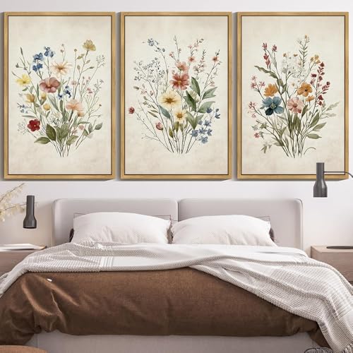 Drsoum Vintage Flower Bouquet Framed Retro Wildflower Botanical Pictures Prints Modern Colorful Floral Rustic Artwork Bedroom Living Room Ready to Hang 24x36in Natural Framed - color: Green Plants Prints, size: 36L" x 24W", Natural Framed