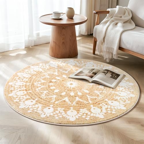 Asrug Imitation Jute Low Pile Round Rug Area Rug Washable Non-Slip Circle Rug Soft Plush Touch Circle Rugs Round for Kitchen Bathroom Living Bedroom Nursery, Carpet 3ft /36 inch/91 cm Brown - color: Beigefloral, size: 3ft