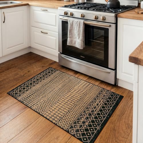 Moroccan Door Mat Indoor Entrance, 2x3 Machine Washable Small Rug for Bedroom, Non-Slip Low Pile Natural Brown Rug Farmhouse Rugs for Entryway Kitchen Bathroom - color: Natural/Brown, size: 2' x 3' (Rectangular)