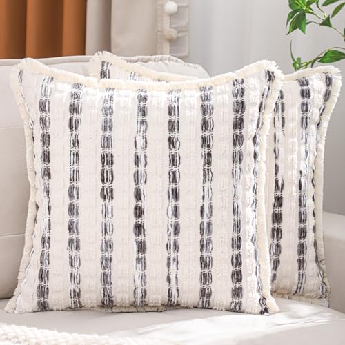 LUOYEHK Chenille Striped Throw Pillow Covers 18x18 Inch Set of 2 Boho Decorative Pillowcases with Fringe Farmhouse Neutral Gray Cushion Covers for Couch Sofa Bed Living Room - color: Gray, size: 18" x 18" (Pack of 2)