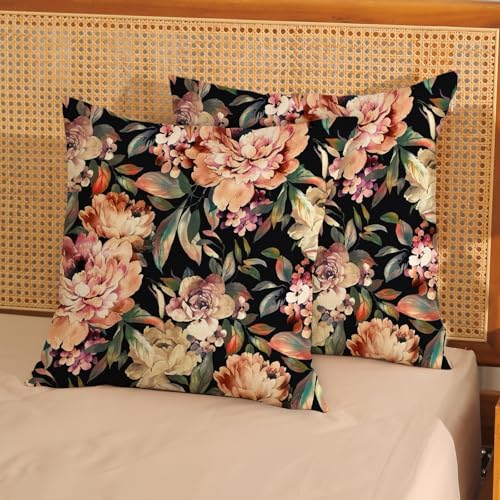 Spring Floral Pillow Covers 18x18 Set of 2 Vintage Black Orange Flower Throw Pillow Covers Decoration Summer Flower Pillowcase Farmhouse Decorative Cushion Cover for Home Sofa Outdoor Decor - color: Black Orange Floral-2, size: 18" x 18" (Pack of 2)