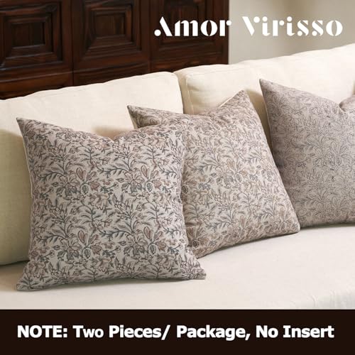 Amor Virisso Floral Throw Pillow Covers 18x18 Set of 2 Couch Pillows for Living Room Farmhouse Vintage Block Print Pillow Covers Decorative Pillow Covers Accent Sofa Pillows, Green/Sand - color: Green/Sand, size: 18" x 18" (Pack of 2)