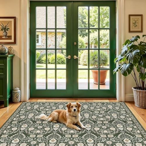 4x4 Washable Soft Square Rug: Living Room Area Rugs for Kitchen Bedroom Bathroom Non-Slip Water Resistant Entryway Mat Low Pile Ultra Thin Small Carpet for High-Traffic Areas Home Decor - color: Green, size: 4' x 4' (Square)