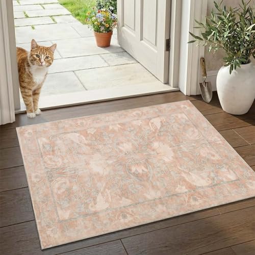 SIRIS 2x3 Small Washable Rug, Symmetrical Botanical Floral Entryway Rug, Vintage Low-Pile Non-Slip Door Mat for Indoor Foyer, High-Traffic Kitchen Sink Laundry Room, Muted Rose - color: Siris Muted Rose, size: 2' x 3' (Rectangular)