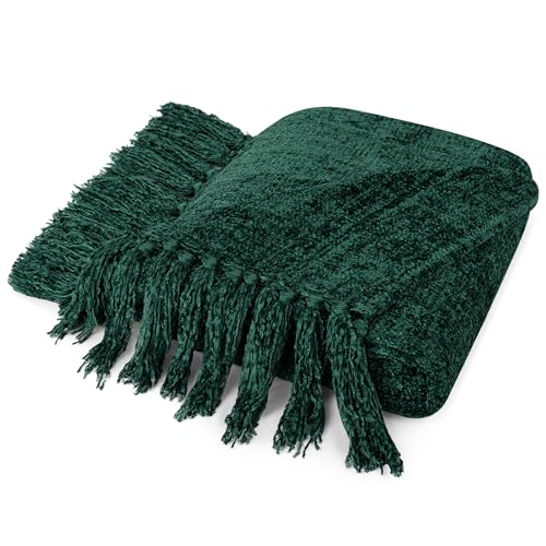 PAVILIA Emerald Green Blanket for Couch, Twin Size Bed, Chenille Throw for Sofa Bed, Soft Knit Woven Blanket with Decorative Tassel for Living Room, Emerald Green 60x80 - color: Emerald Green, size: 60 X 80 Inches - Twin