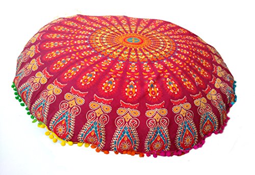Rastogi Handicrafts 32" COR Mandala Floor Pillow Cushion Seating Throw Cover Bohemian Ottoman Poufs, Pom Pom Pillow Cases,Boho Indian (Maroon) - color: Maroon