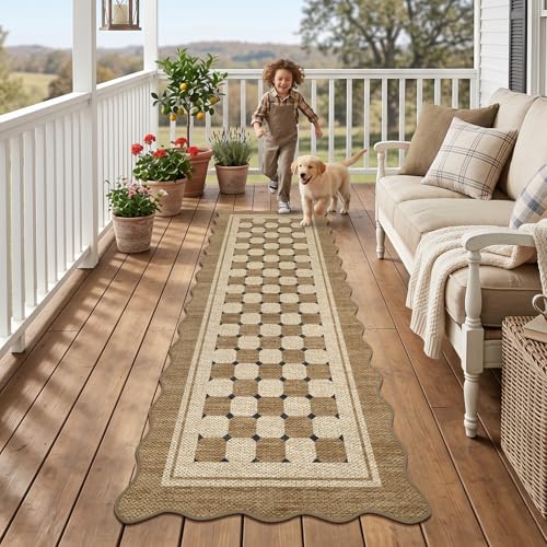 Garvee Scalloped Easy Jute Runner 2x6 Kitchen Runner Rug, Washable Rugs for Entryway Non Slip Outdoor Indoor Jute Hallway Rug, Farmhouse Morden Carpet for Entry Bedroom Laundry 2'x6' - color: Checkered|jute, size: 2' x 6' (Runner)