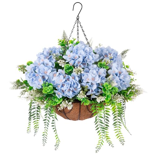 Ammyoo Artificial Hanging Hydrangea Flowers with Basket for Outdoor Spring Decoration, Fake Silk Hydrangea Flower Outdoor Indoor Arrangements, Fake Hanging Plants for Balcony Garden Yard Decor(Blue) - color: Z-blue With Basket