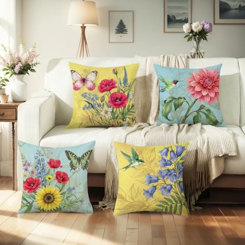 wyooxoo Spring Summer Pillow Covers 18x18 Set of 4 Decorative Throw Pillow Covers Linen Flower Butterfly Farmhouse Pillowcases for Sofa Couch Living Room Outdoor - color: Color B, size: 18" x 18" (Pack of 4)