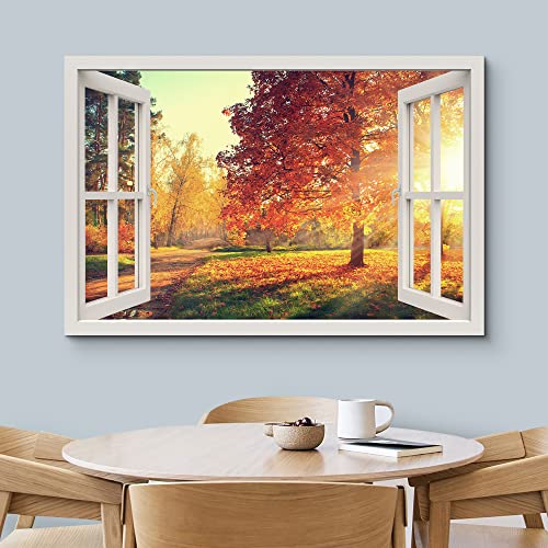 wall26 Canvas Print Wall Art Window View Orange Autumn Fall Forest Tree Park Wilderness Nature Photography Realism Scenic Landscape Colorful Multicolor for Living Room, Bedroom, Office - 12"x18" - color: A34-2204-est11, size: 18"L x 12"W