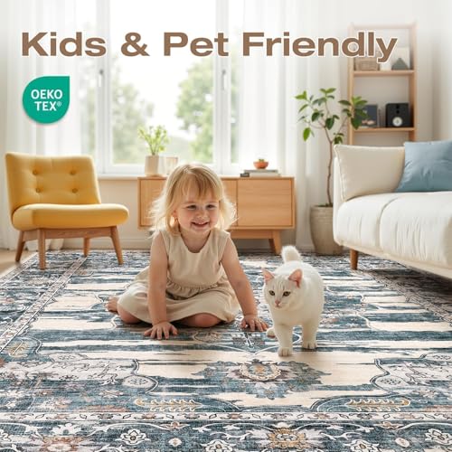 Washable 5x7 Area Rug for Living Room - Ultra Soft Vintage Carpet with Non-Slip Backing, Stain Resistant Low-Pile Indoor Rug for Bedroom & Home Office, Kid & Pet Friendly - Blue - color: Dark Blue, size: 5' x 7' (Rectangular)