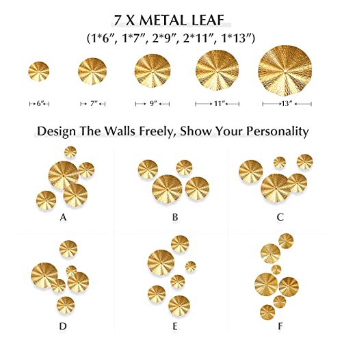 Gold Wall Decor for Living Room Hallway, 7PCS Metal Wall Art Hanging Sculptures Bedroom Decoration, 3D Metal Leaf Accent with 5 Sizes, Large Modern Artwork for Home Office Bathroom Kitchen - color: Gold