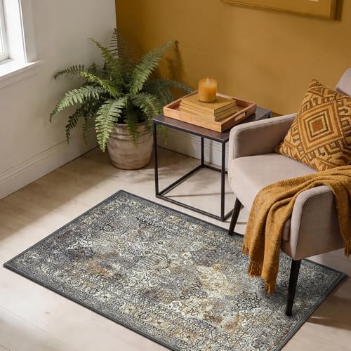 Keen Home Design 2x3 Rug - Machine Washable Entry Rug with Non-Slip Backing, Ideal for Enteryway, Kitchen, Bathroom, Laundry Room - Vintage, Easy Clean, Durable, Low Pile Rug - (2' x 3') - color: Anthracite Grey / Copper Tone, size: 2' x 3' (Rectangular)