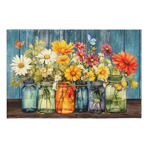Daisy Entryway Area Rug Easter Spring Summer Vintage Flower Vases Door Mat 2x3 Rustic Floral Non-Slip Low Pile Front Doormat Washable Throw Rug for Living Room Bedroom Bathroom Kitchen - color: Daisy Vases