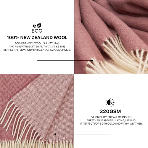 | Wool Blanket/Throw | 100% New Zealand Wool | Perfect for Home and Outdoors | Virgin Wool Throw with Fringes 75"x87" (190 x 220 cm) - color: Cherry Blossom Pink, size: Full