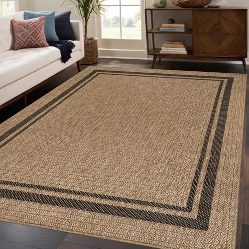 Beverly Rug Easy Jute Bordered Rug 6x9 Washable Durable Indoor Outdoor Area Rugs for Living Dining Room Patio Office Stain Resistant Non Shedding Casual Indoor Outside Carpet 6 x 9 Natural - color: Bordered/Natural-black, size: 6' x 9' (Rectangular)