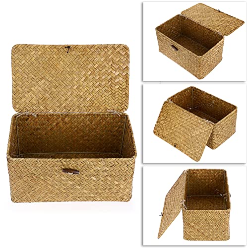 Hipiwe Wicker Shelf Baskets Bin with Lid, Handwoven Seagrass Basket Storage Bins Rectangular Household Basket Boxes for Shelf Wardrobe Home Organizer, Caramel Medium - color: Caramel, size: Medium