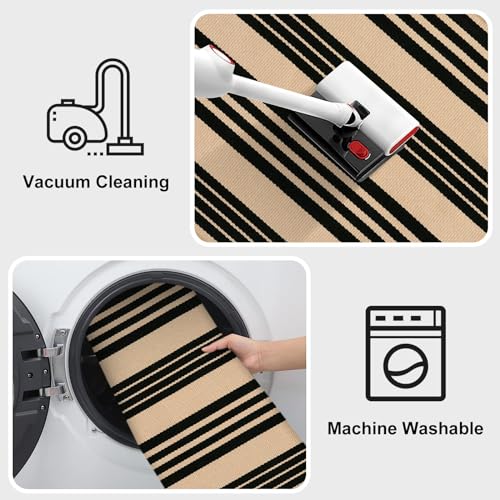 KIMODE Outdoor Rug Spring Decor 27.5"x43", Black and Khaki Striped Front Porch Rugs, Reversible Washable Front Door Mats, Hand Woven Welcome Layered Doormat Entryway Rug for Entrance Farmhouse - color: Black and Khaki Stripes, size: 2'4" x 3'7" (Rectangul