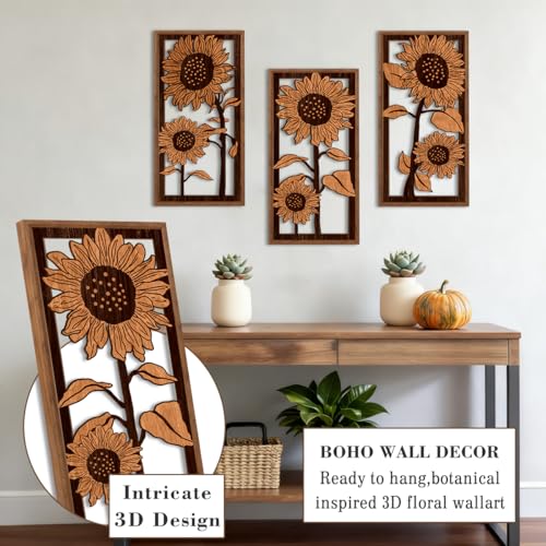 BINCUE 3D Boho Flower Wall Art,Sunflower Wall Decor,Retro Sunflower Artwork,Rustic Framhouse Florals Prints,Flower Plants Wildflower Hanging Decor for Living Room Bedroom Home 8x16 Inches Set of 3 - color: Vintage Sunflower