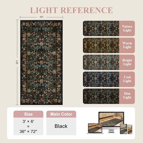 DUKINO 3x6 Kitchen Runner Rug, Washable Soft Vintage Floral Non Slip Runner Rug for Hallway, Low Pile & Non Shedding Indoor Carpet for Entryway, Kitchen, Hallway, Bathroom, Laundry, Bedroom, Black - color: Black, size: 3' x 6' (Rectangular)