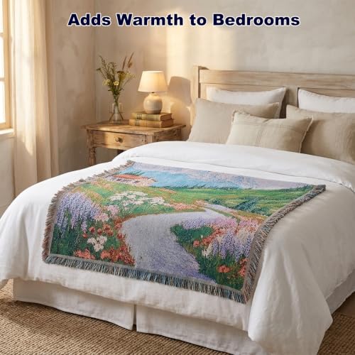 Mountain Woven Throw Blanket,Jacquard Tapestry with Fringe,51x63 Inch | Meagtlva Cotton Blend Wall Hanging Decor for Living Room,Sofa,Bed Decor for Living Room,Sofa,Bed - color: Mountain Wildflower Cottage