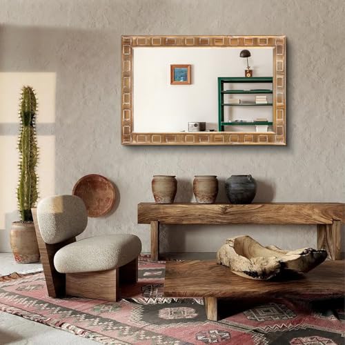 POZINO Rustic Wood Mirror, 24"X36" Farmhouse Bathroom Mirror for Over Sink, Natural Wooden Rectangle Wall Mirrors for Living Room Entryway Bedroom Hallway Fireplace, Horizontal Or Vertical - color: Natural Wood, size: 36"Lx24"W