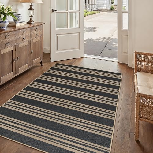 PureCozy Striped Easy Jute Rug 3x5 Black Entryway Carpet Washable Non Slip Office Door Mat Farmhouse Neutral Non Shedding Small Indoor Outdoor Rug for Bathroom Kitchen Bedroom Living Room - color: Black/Striped, size: 3' x 5' (Rectangular)
